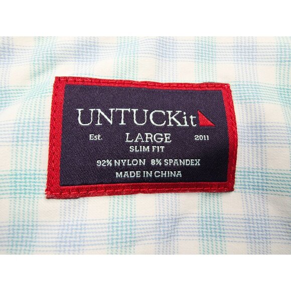 Untuckit Slim Fit Size Large Mens Aqua White Blue Check Nylon Long Sleeve Shirt - Picture 4 of 10
